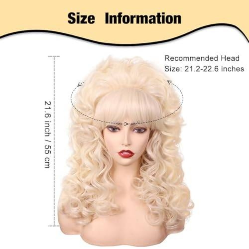 Long Blonde Curly Wig with Bangs Voluminous Platinum Cosplay Drag Costume Wig - Picture 2 of 3